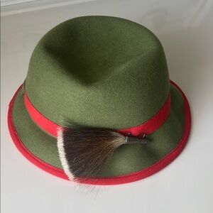 Green and Red Women's Hat with Feather Accent